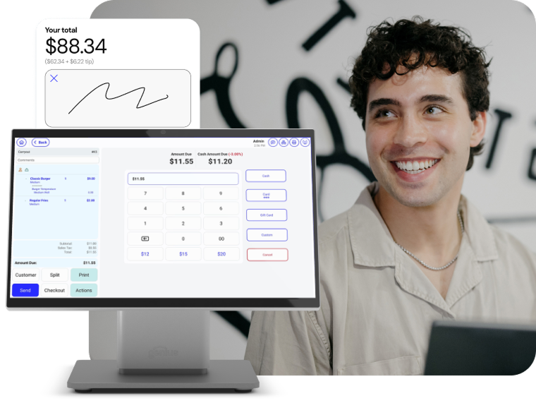 Person in a small retail business smiles next to a pop-out image of a countertop point of sale screen displaying transaction details.