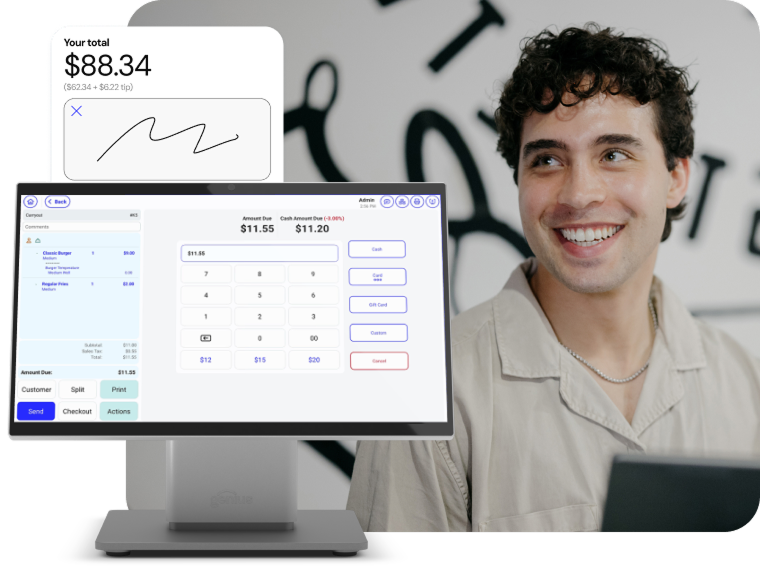 Person in a small retail business smiles next to a pop-out image of a countertop point of sale screen displaying transaction details.