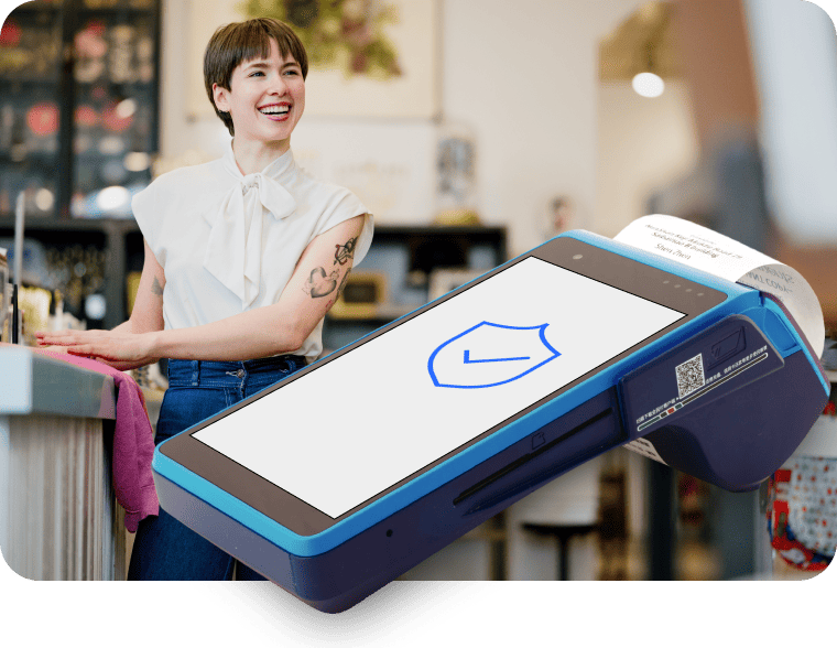 POS payment device featuring a security icon held in front of a store.