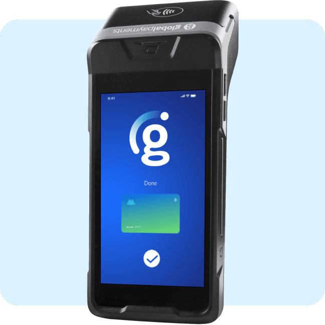 Handheld POS terminal displaying a completed transaction and card icon.
