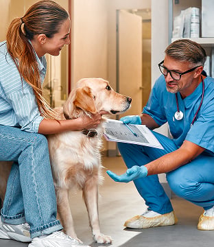 A vet tech wearing a stethoscope and holding a clipboard interacts with a dog and its owner.
