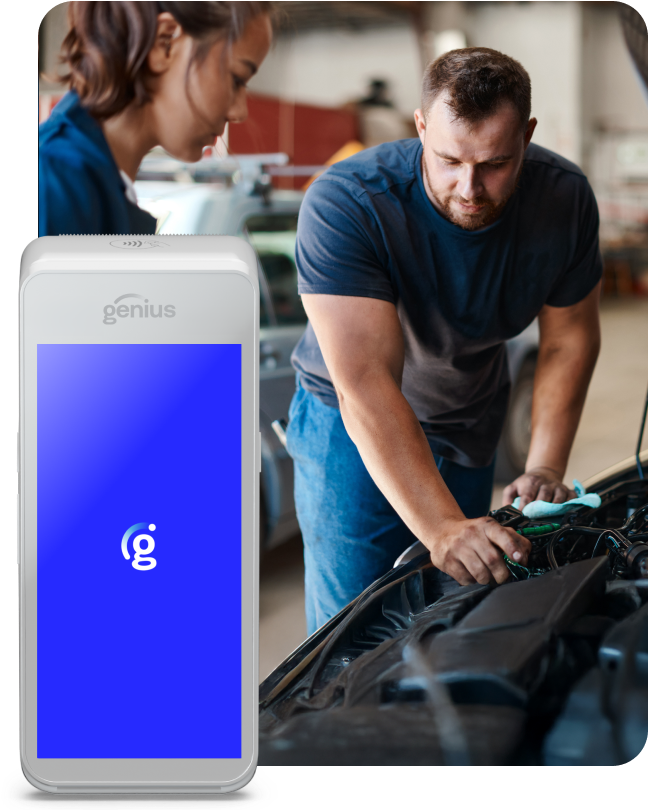 Two people stand in a car repair garage with a UI callout featuring a Genius handheld device in the foreground.