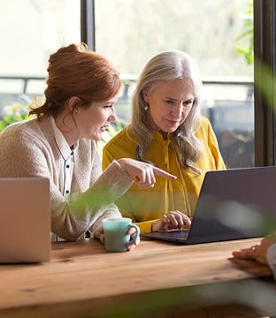 Two business professionals sit at a desk in a sunlit office looking at a laptop.