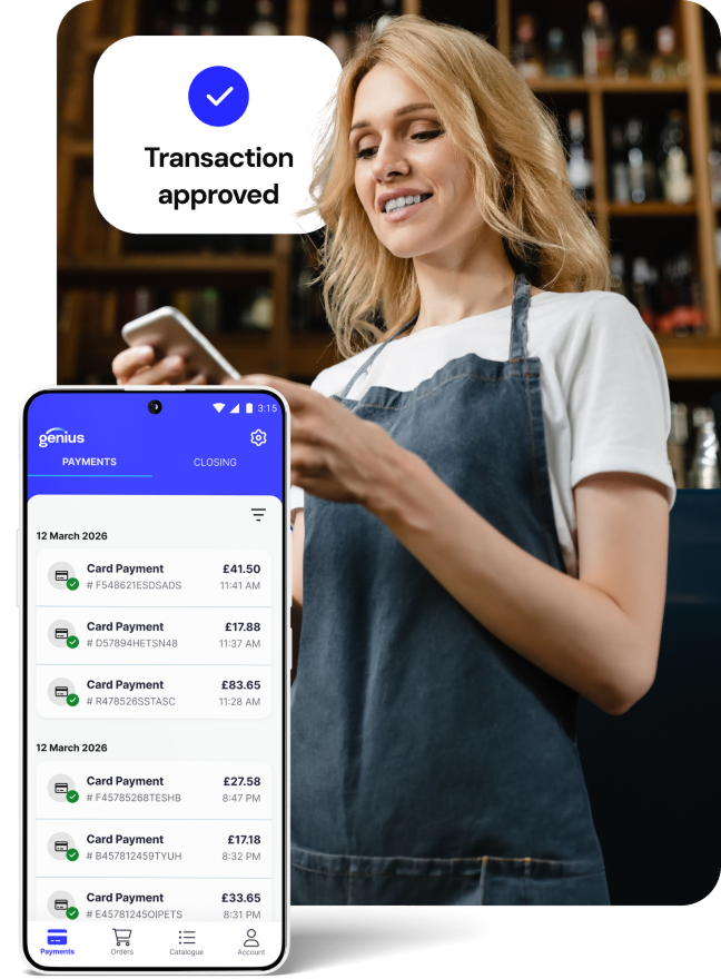 A retail worker in a wine store holds a smart phone and an enlarged phone screen shows payment information.