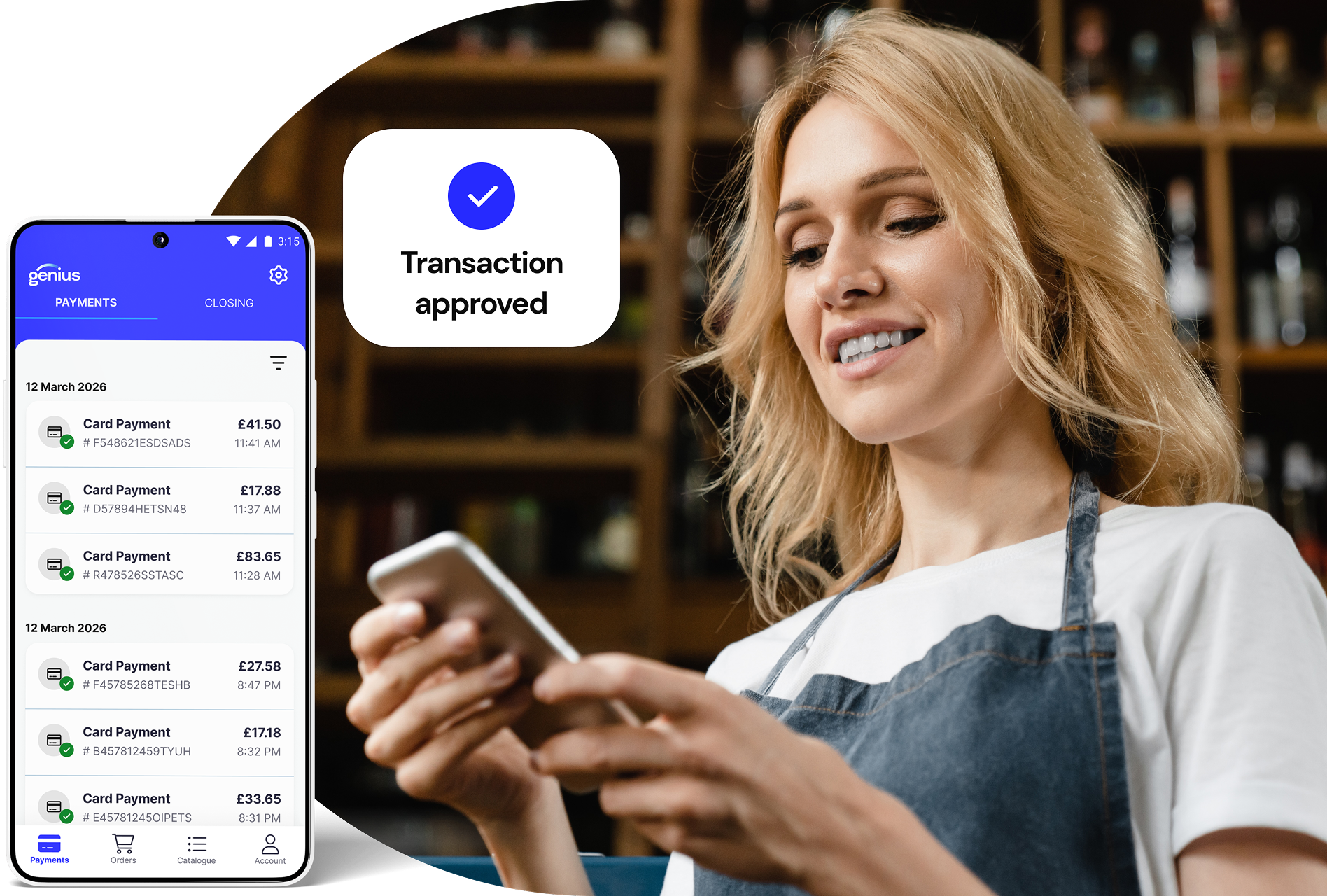 A retail worker in a wine store holds a smart phone and an enlarged phone screen shows payment information.