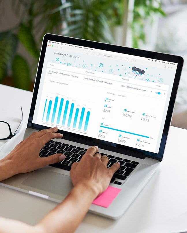 A person viewing campaign insights and charts on a laptop.