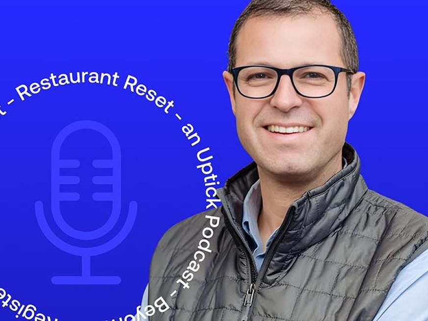 “Restaurant Reset” podcast guest Adam Brotman shown beside a microphone icon on a blue background.