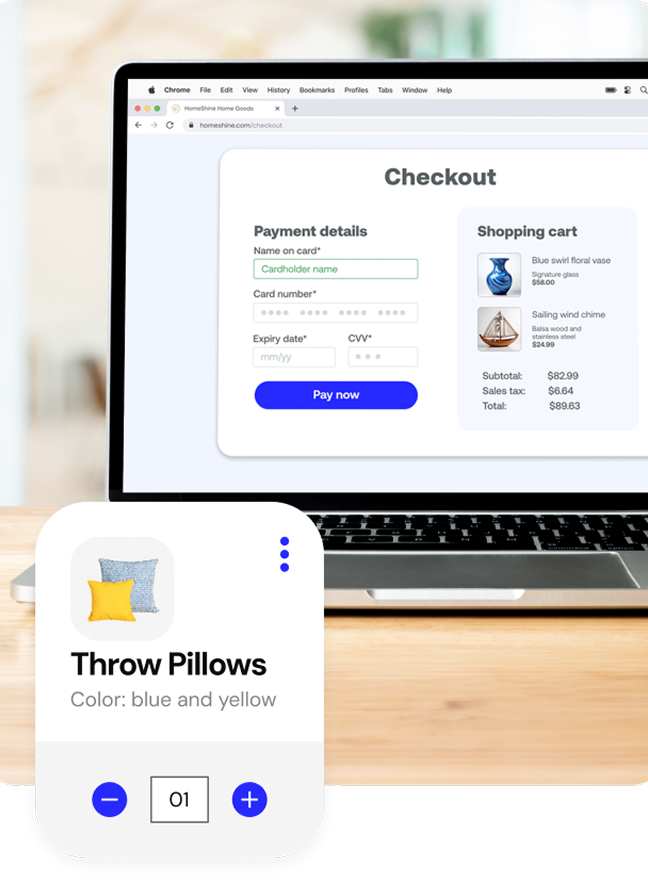An open laptop screen shows an ecommerce checkout.